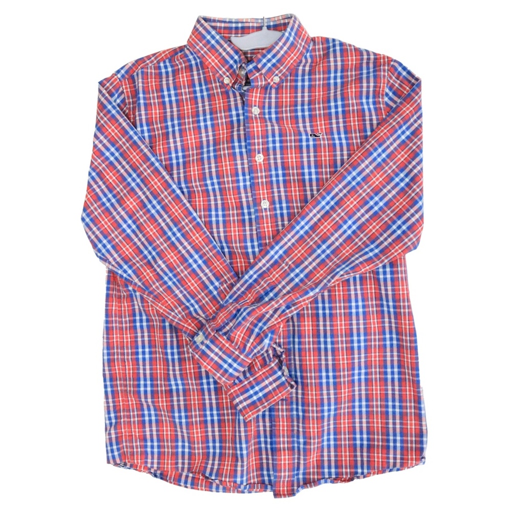 Vineyard Vines Youth Large 16 Whale Shirt Red & Blue Plaid Long Sleeve Button Up